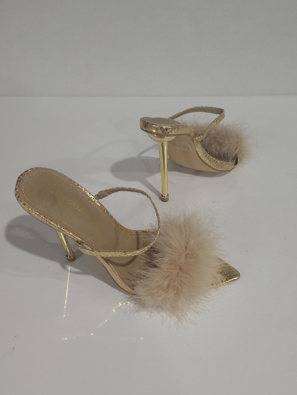Gold Feathered Stiletto Heels - Women Shoes Size 8
